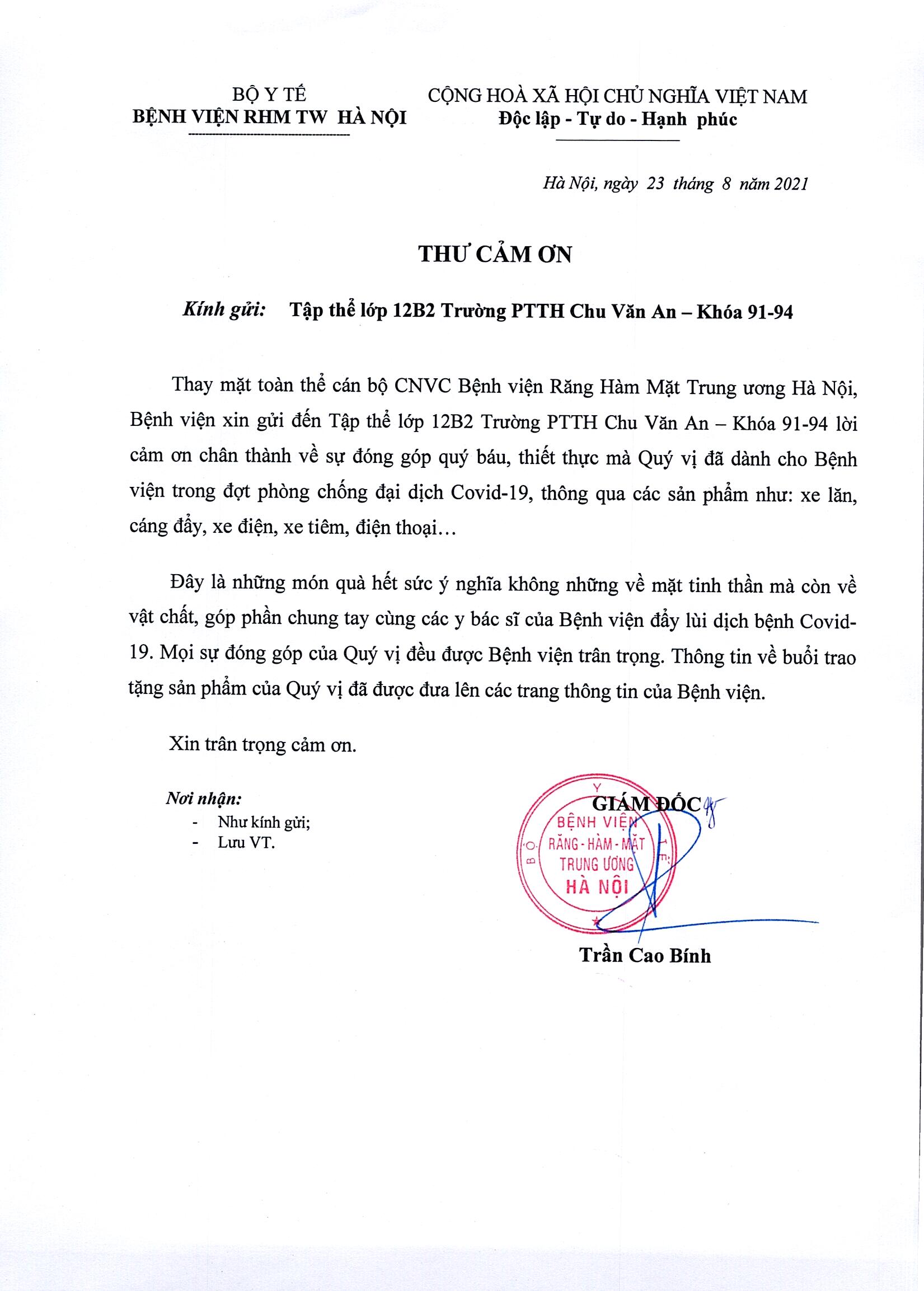 THƯ CẢM ƠN TẬP THỂ LỚP 12B2 - KHOÁ 91-94 TRƯỜNG PTTH CHU VĂN AN